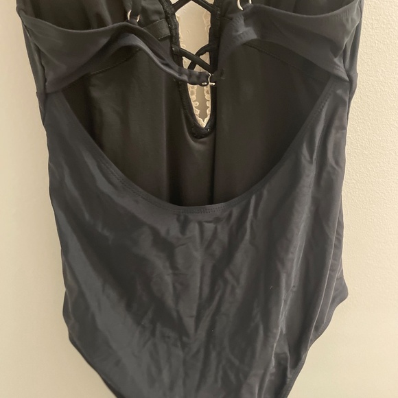 Black One-Piece Swim with Crochet Neckline - Picture 3 of 4